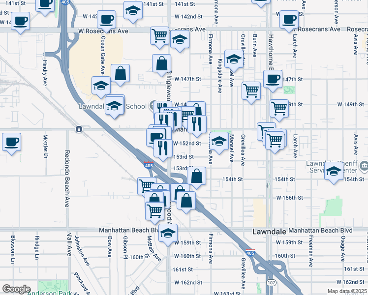 map of restaurants, bars, coffee shops, grocery stores, and more near 4729 1/2 West 152nd Street in Lawndale