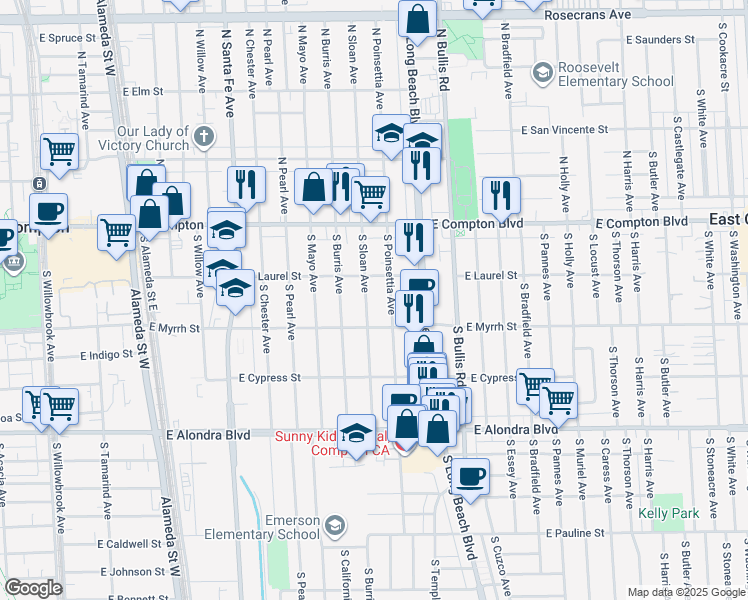 map of restaurants, bars, coffee shops, grocery stores, and more near 320 South Sloan Avenue in Compton
