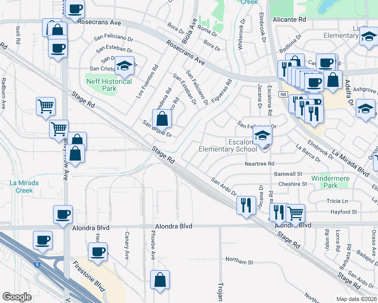 map of restaurants, bars, coffee shops, grocery stores, and more near 15229 Borda Road in La Mirada