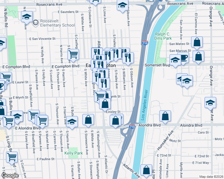 map of restaurants, bars, coffee shops, grocery stores, and more near 15324 Atlantic Avenue in Compton