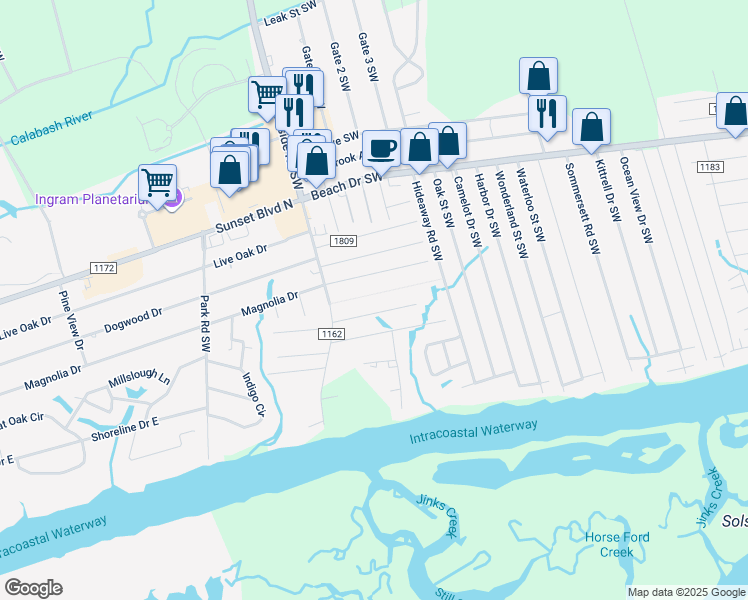 map of restaurants, bars, coffee shops, grocery stores, and more near 7272 Odell Street Southwest in Ocean Isle Beach