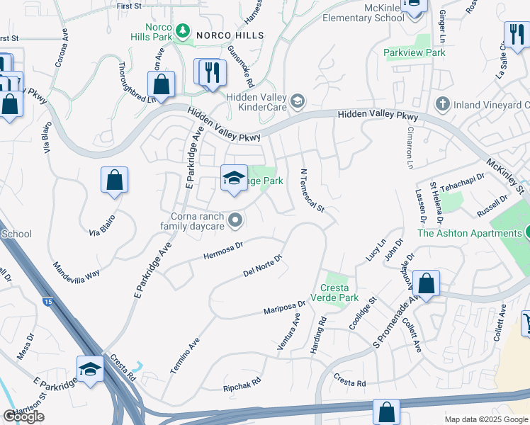 map of restaurants, bars, coffee shops, grocery stores, and more near 747 Ochee Circle in Corona