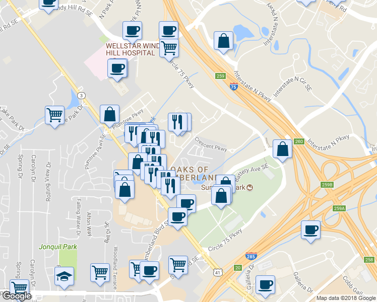 map of restaurants, bars, coffee shops, grocery stores, and more near 2358 Crescent Park Court in Atlanta