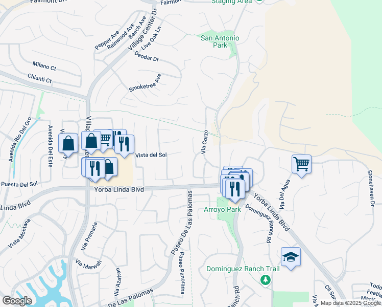 map of restaurants, bars, coffee shops, grocery stores, and more near 4805 Vía Amante in Yorba Linda