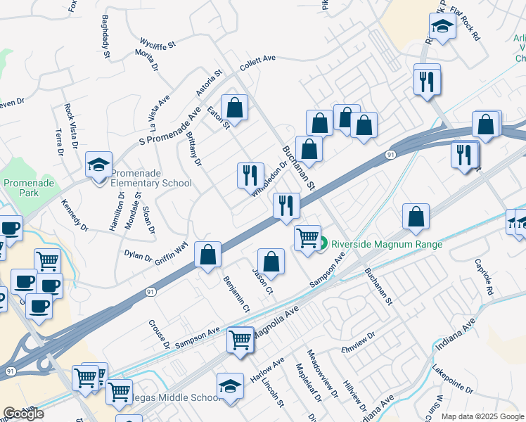 map of restaurants, bars, coffee shops, grocery stores, and more near 345 Oakwood Court in Corona