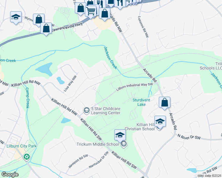 map of restaurants, bars, coffee shops, grocery stores, and more near 4373 Lilburn Industrial Way Southwest in Lilburn