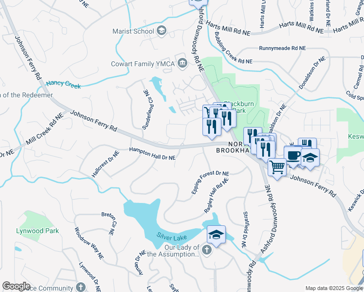 map of restaurants, bars, coffee shops, grocery stores, and more near 1920 Johnson Ferry Road Northeast in Atlanta