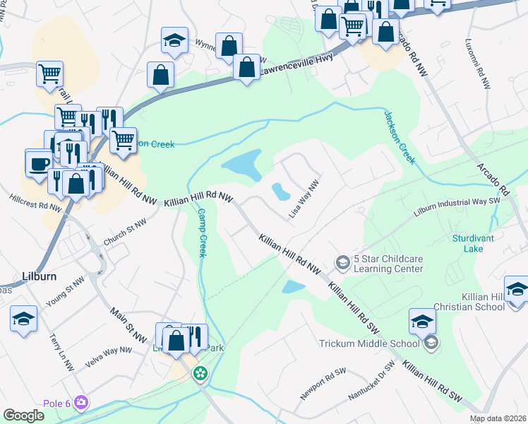 map of restaurants, bars, coffee shops, grocery stores, and more near 226 Sandra Drive Northwest in Lilburn