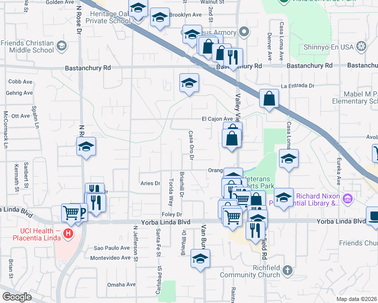 map of restaurants, bars, coffee shops, grocery stores, and more near 4661 Casa Oro Drive in Yorba Linda