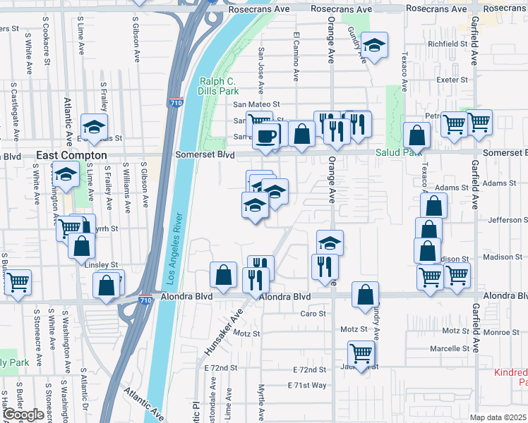map of restaurants, bars, coffee shops, grocery stores, and more near South San Jose Avenue in Compton