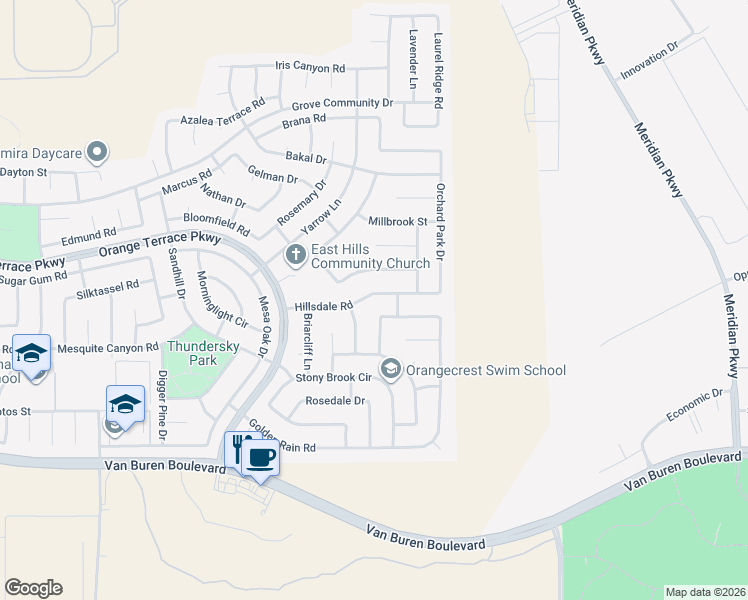 map of restaurants, bars, coffee shops, grocery stores, and more near 20797 Hillsdale Road in Riverside