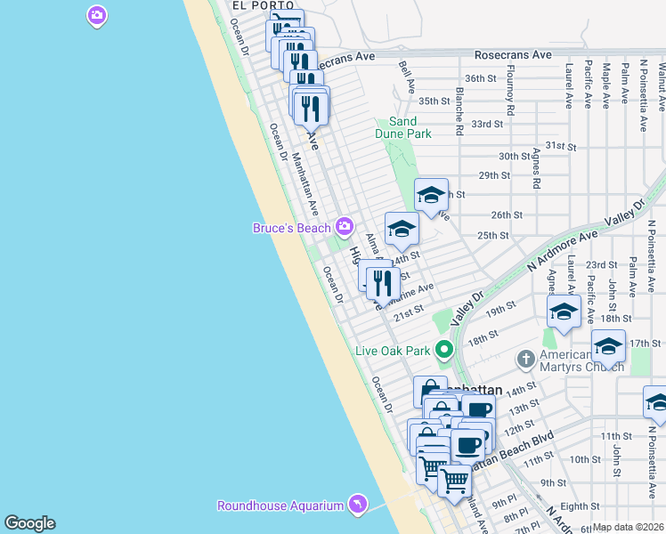 map of restaurants, bars, coffee shops, grocery stores, and more near 115 26th Street in Manhattan Beach