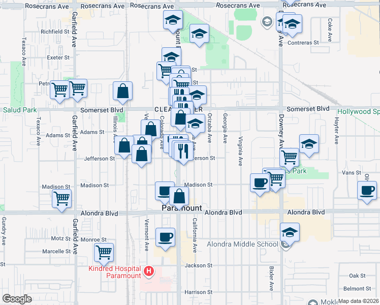 map of restaurants, bars, coffee shops, grocery stores, and more near 15328 Paramount Boulevard in Paramount