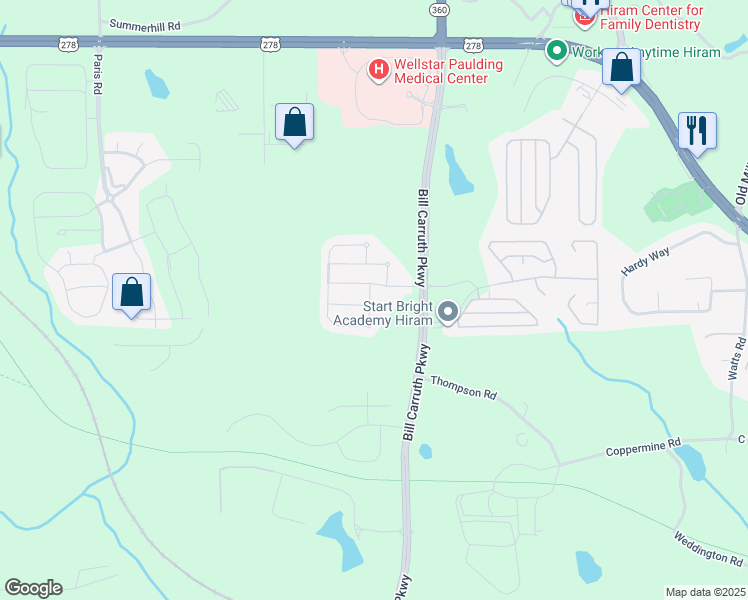 map of restaurants, bars, coffee shops, grocery stores, and more near 9 Darbys Run Way in Hiram