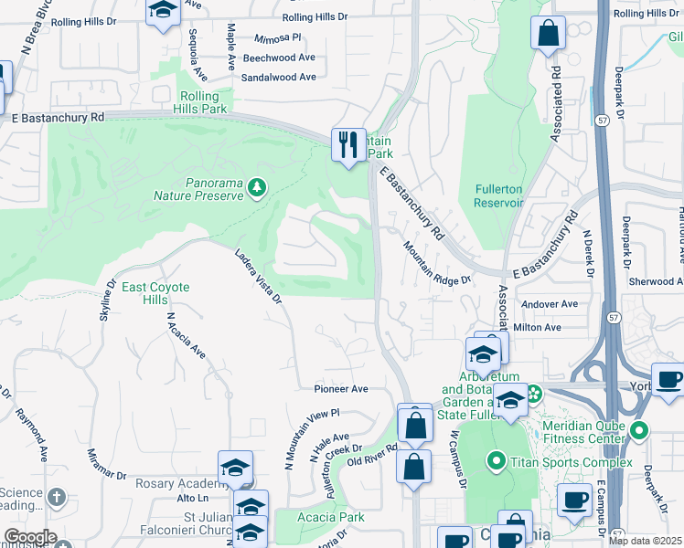 map of restaurants, bars, coffee shops, grocery stores, and more near 1976 Palmetto Terrace in Fullerton