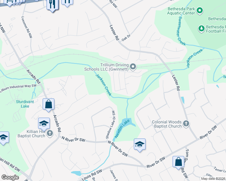 map of restaurants, bars, coffee shops, grocery stores, and more near 3802 Jackson Shoals Drive in Lawrenceville