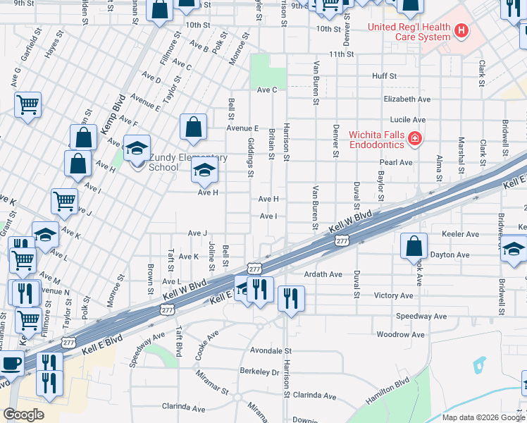 map of restaurants, bars, coffee shops, grocery stores, and more near 2104 Avenue H in Wichita Falls