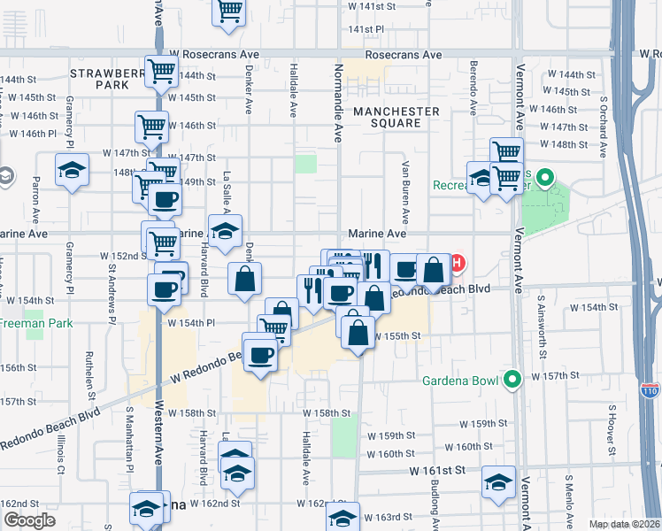 map of restaurants, bars, coffee shops, grocery stores, and more near 15121 Normandie Avenue in Gardena