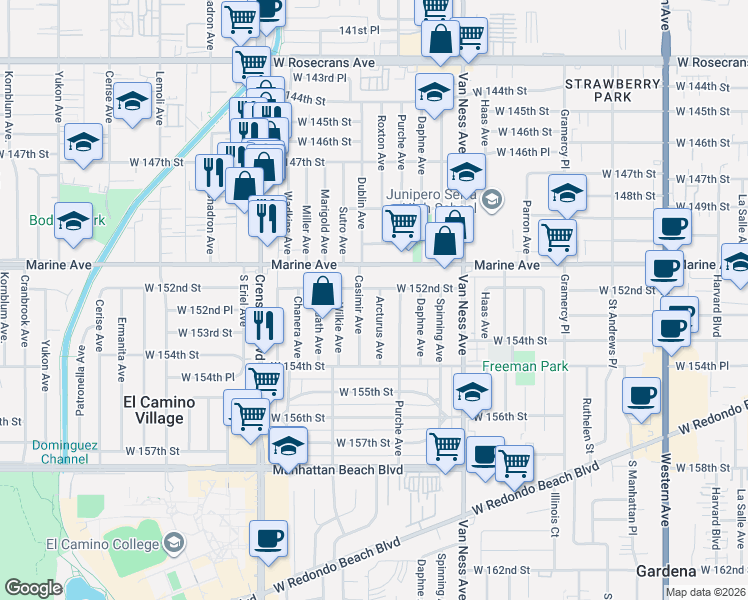 map of restaurants, bars, coffee shops, grocery stores, and more near 15213 Arcturus Avenue in Gardena