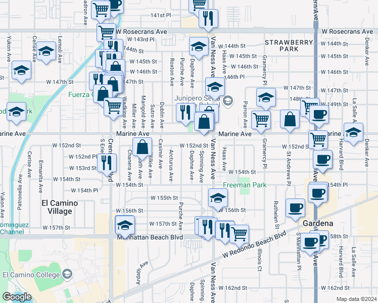 map of restaurants, bars, coffee shops, grocery stores, and more near 15213 Daphne Avenue in Gardena