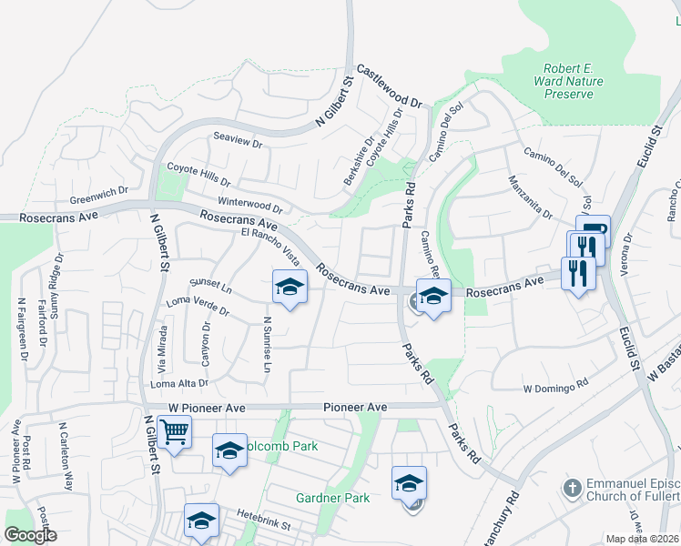 map of restaurants, bars, coffee shops, grocery stores, and more near 2117 Camino Centroloma in Fullerton