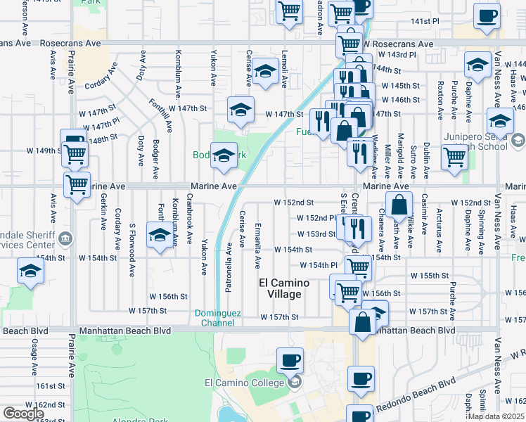 map of restaurants, bars, coffee shops, grocery stores, and more near 3337 West 152nd Street in Gardena