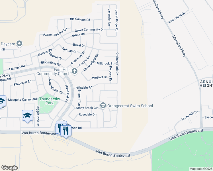 map of restaurants, bars, coffee shops, grocery stores, and more near 20835 Hillsdale Road in Riverside