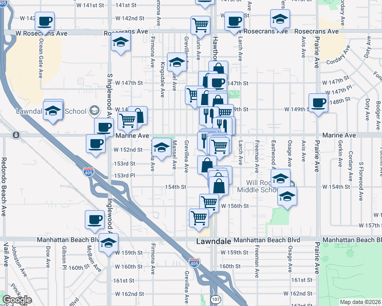 map of restaurants, bars, coffee shops, grocery stores, and more near 15118 Grevillea Avenue in Lawndale