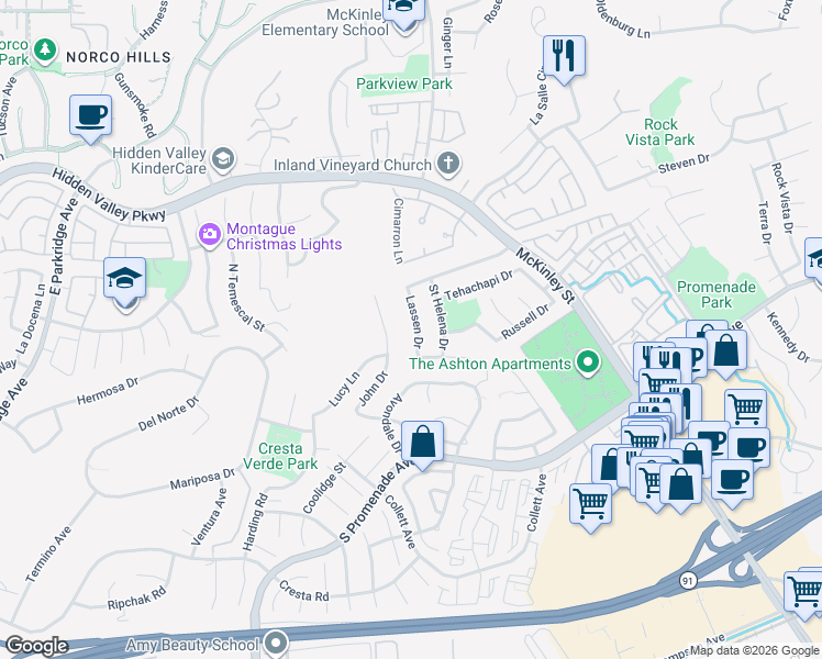 map of restaurants, bars, coffee shops, grocery stores, and more near 742 Lassen Drive in Corona