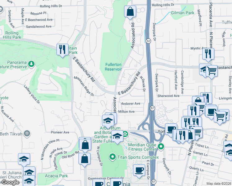 map of restaurants, bars, coffee shops, grocery stores, and more near 2598 Associated Road in Fullerton