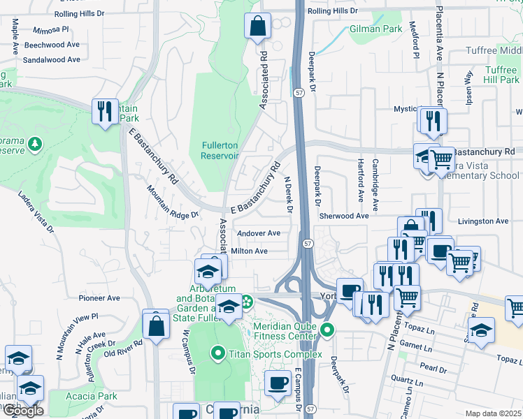 map of restaurants, bars, coffee shops, grocery stores, and more near 2601 Sherwood Avenue in Fullerton