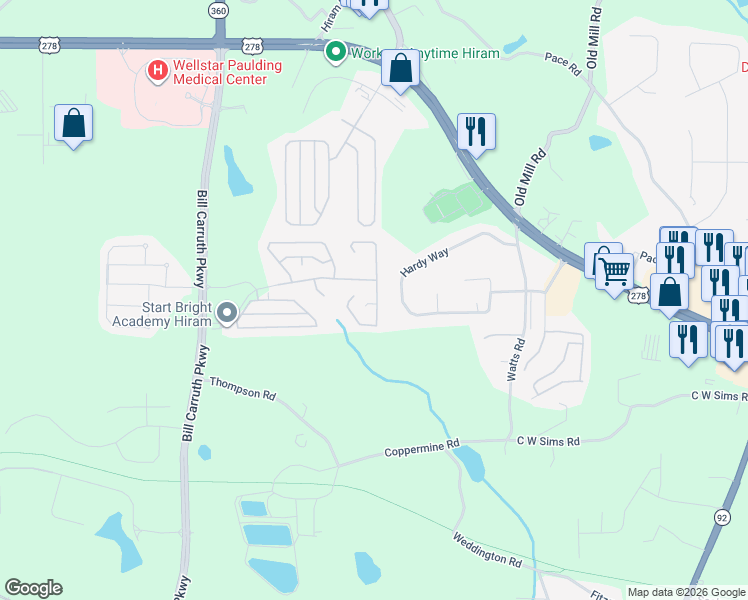 map of restaurants, bars, coffee shops, grocery stores, and more near 246 Rosemont Court in Hiram