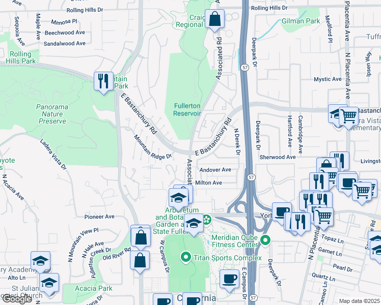 map of restaurants, bars, coffee shops, grocery stores, and more near Bastanchury Road & North Associated Road in Fullerton