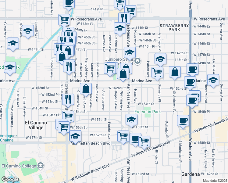 map of restaurants, bars, coffee shops, grocery stores, and more near 15213 Daphne Avenue in Gardena
