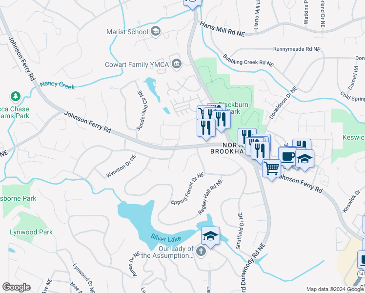 map of restaurants, bars, coffee shops, grocery stores, and more near 1938 Johnson Ferry Road Northeast in Atlanta