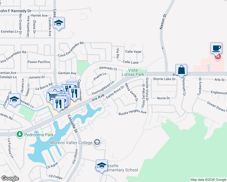map of restaurants, bars, coffee shops, grocery stores, and more near 26501 Thoroughbred Lane in Moreno Valley