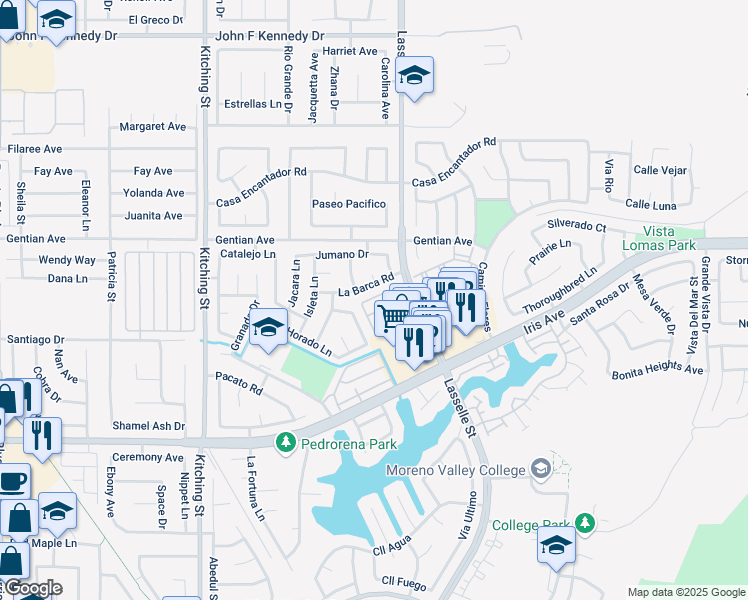 map of restaurants, bars, coffee shops, grocery stores, and more near 25945 La Barca Road in Moreno Valley