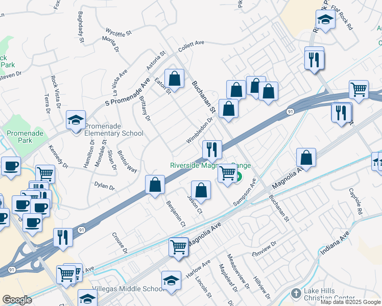 map of restaurants, bars, coffee shops, grocery stores, and more near 2941 Wimbledon Drive in Corona