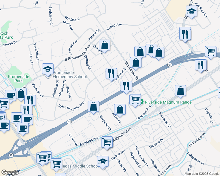 map of restaurants, bars, coffee shops, grocery stores, and more near 2941 Wimbledon Drive in Corona