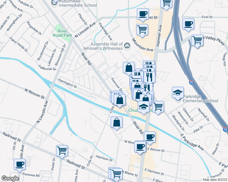 map of restaurants, bars, coffee shops, grocery stores, and more near 504 Penrose Drive in Corona