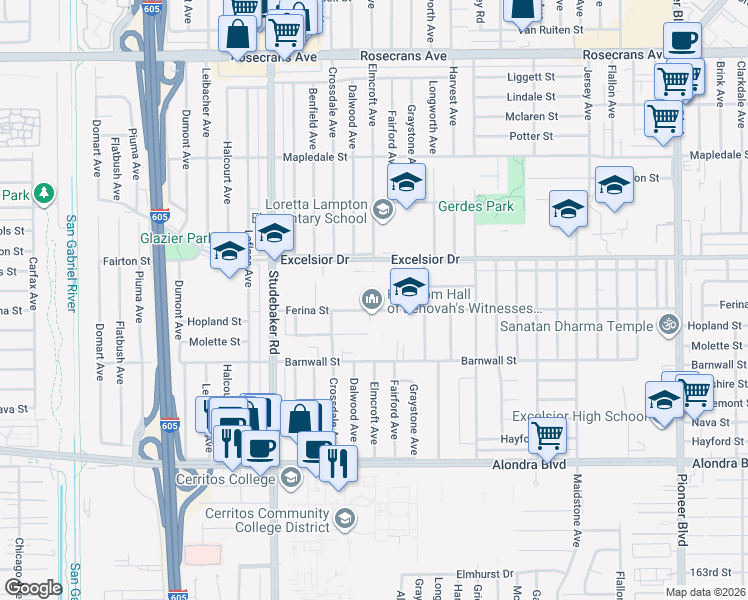map of restaurants, bars, coffee shops, grocery stores, and more near 11153 Ferina Street in Norwalk