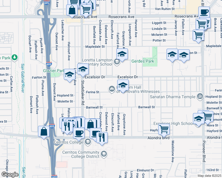 map of restaurants, bars, coffee shops, grocery stores, and more near 11124 Excelsior Drive in Norwalk