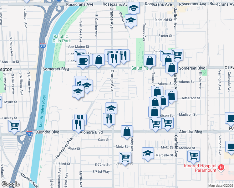 map of restaurants, bars, coffee shops, grocery stores, and more near 15322 Orange Avenue in Paramount