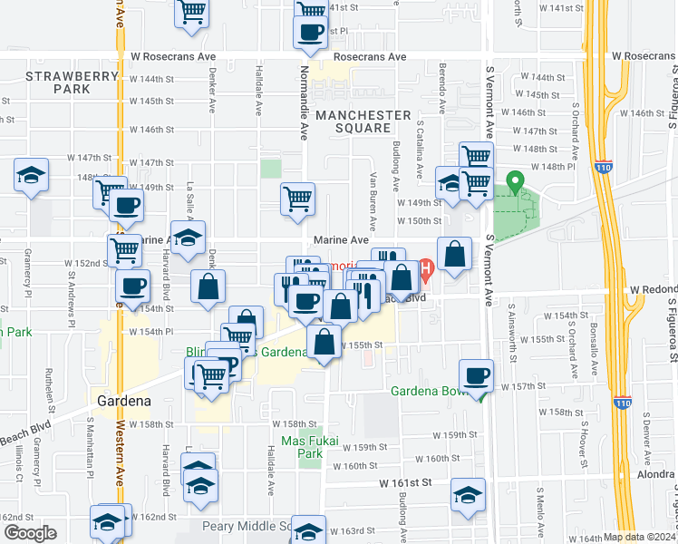 map of restaurants, bars, coffee shops, grocery stores, and more near 15125 South Raymond Avenue in Gardena