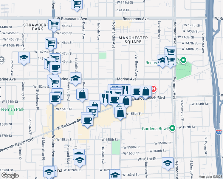map of restaurants, bars, coffee shops, grocery stores, and more near 15121 Normandie Avenue in Gardena