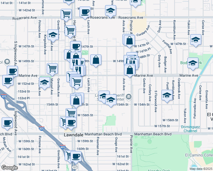 map of restaurants, bars, coffee shops, grocery stores, and more near 15116 Eastwood Avenue in Lawndale