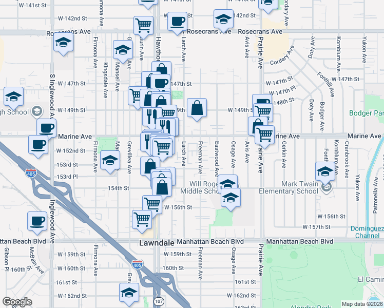 map of restaurants, bars, coffee shops, grocery stores, and more near 62 Larch Avenue in Lawndale