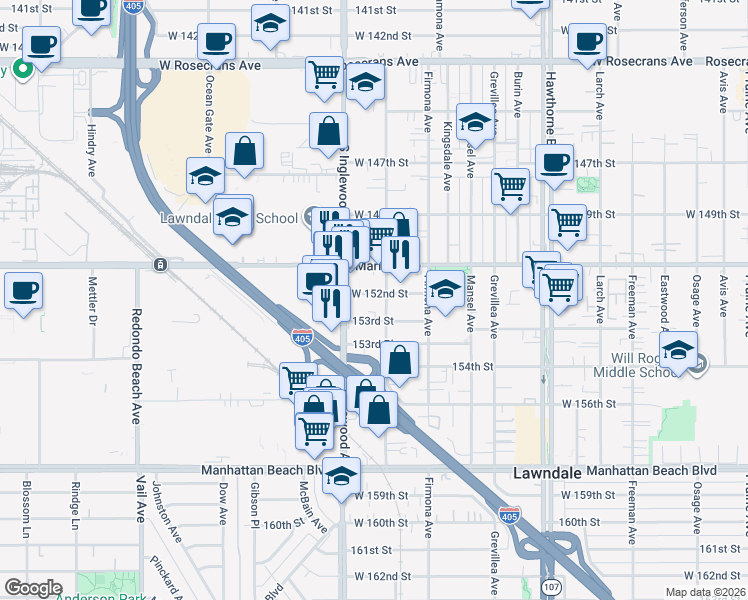 map of restaurants, bars, coffee shops, grocery stores, and more near 4729 1/2 West 152nd Street in Lawndale