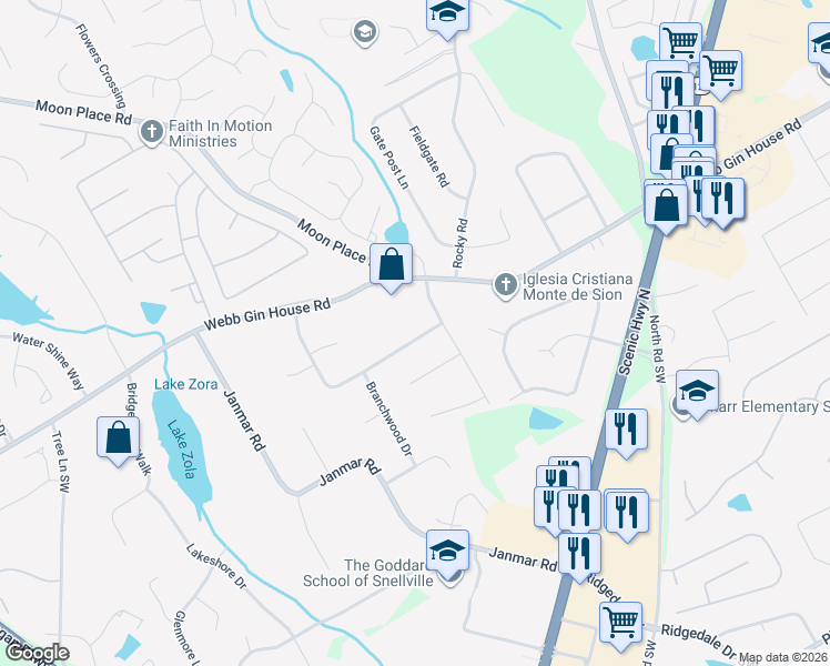 map of restaurants, bars, coffee shops, grocery stores, and more near 1874 Webb Gin House Road in Snellville
