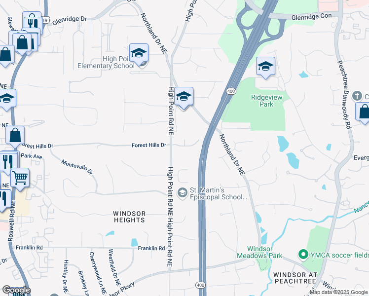 map of restaurants, bars, coffee shops, grocery stores, and more near 325 Nell Court Northeast in Atlanta